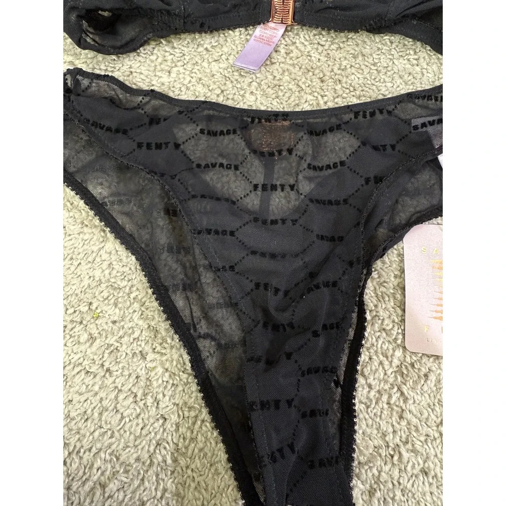Savage X Fenty Lingerie Black‎ Mesh Flocked Logo Bralette Thong Set Edgy Sexy S
